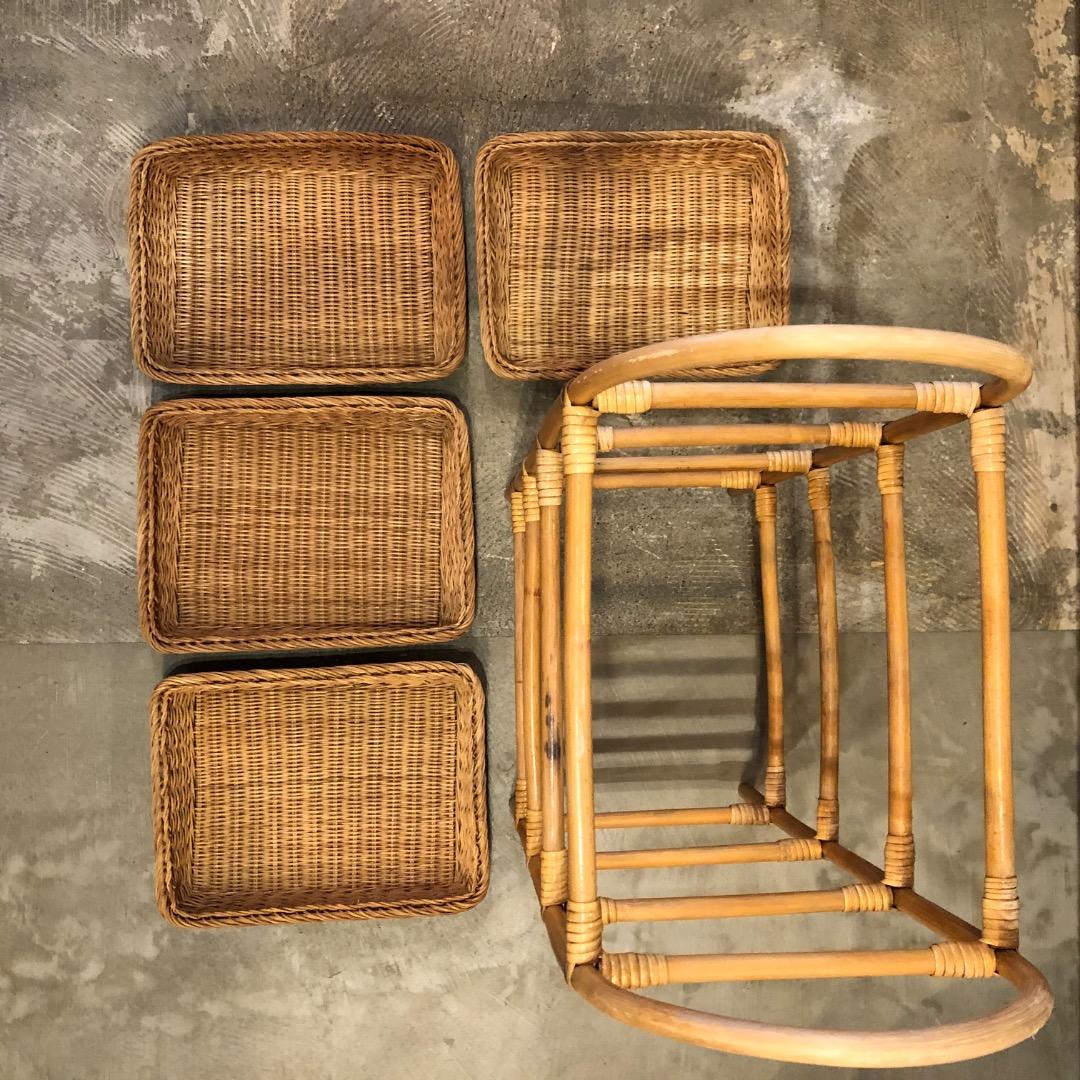 アンティーク　ラタン　籐　4段オープンラック　バスケット　取り外し可能　かご収納