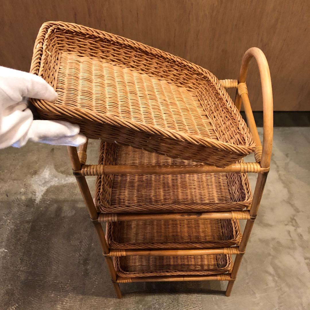 アンティーク　ラタン　籐　4段オープンラック　バスケット　取り外し可能　かご収納