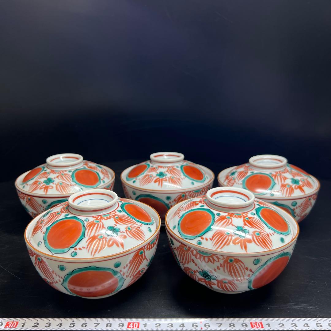 平安馬場京泉 穎川写赤絵蓋向付5客 共箱 身口径12.4㎝東Y7-0926⭐︎2F