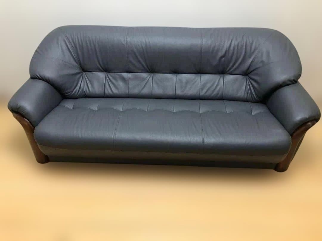 送料無料 3人掛け ソファ 合成皮革 ダークグレー 木製肘掛 75032-1-