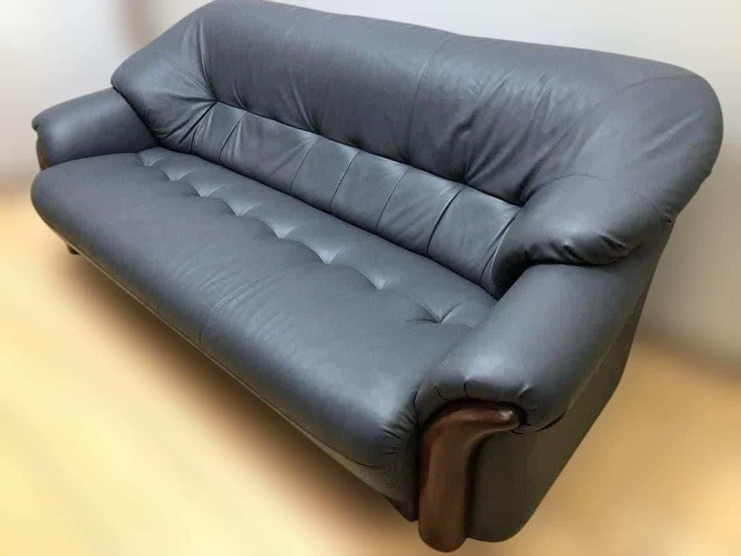 送料無料 3人掛け ソファ 合成皮革 ダークグレー 木製肘掛 75032-1-