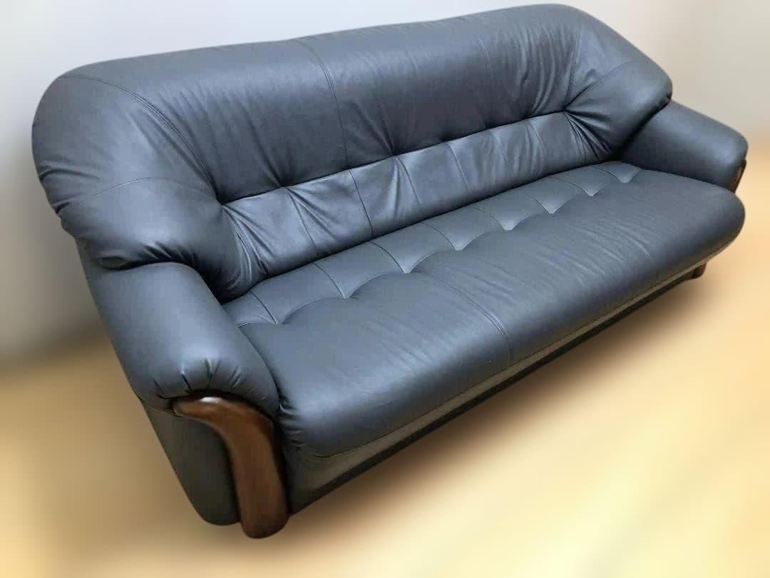 送料無料 3人掛け ソファ 合成皮革 ダークグレー 木製肘掛 75032-1-