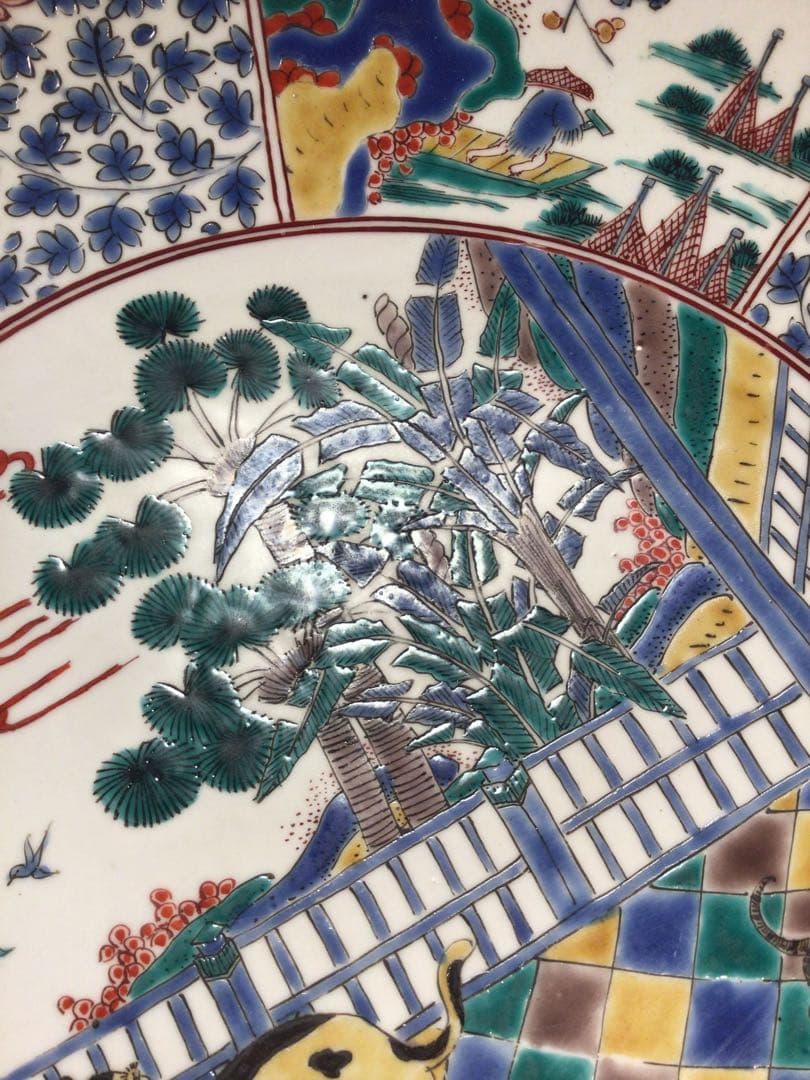 【特別出品】極上　古伊万里 柿右衛門様式 猫に花唐草紋様　色絵大鉢 幅40cm