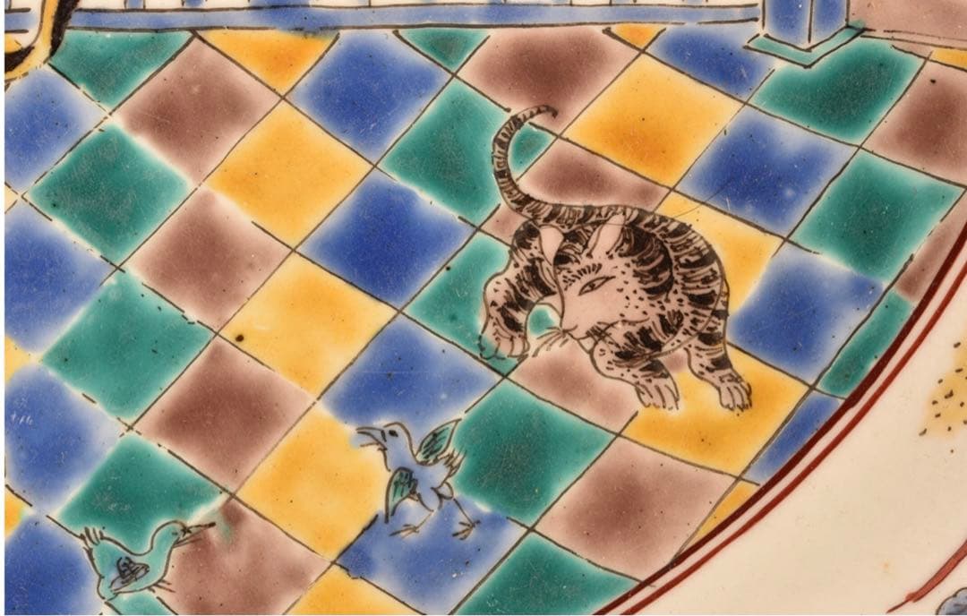 【特別出品】極上　古伊万里 柿右衛門様式 猫に花唐草紋様　色絵大鉢 幅40cm