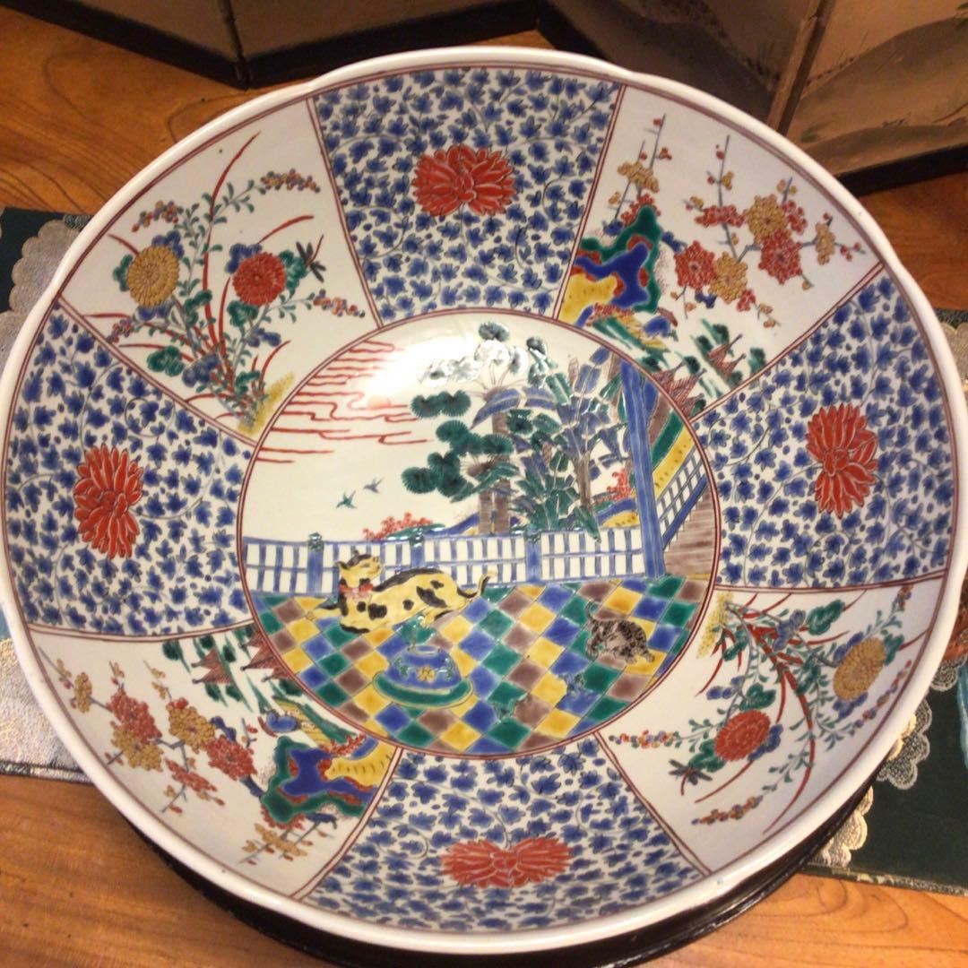 【特別出品】極上　古伊万里 柿右衛門様式 猫に花唐草紋様　色絵大鉢 幅40cm