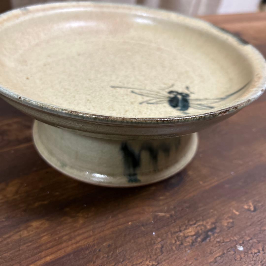 美濃焼 茶道具 幸兵衛窯 人間国宝「加藤卓男」作 「蝉図 黄瀬戸 高足菓子鉢」