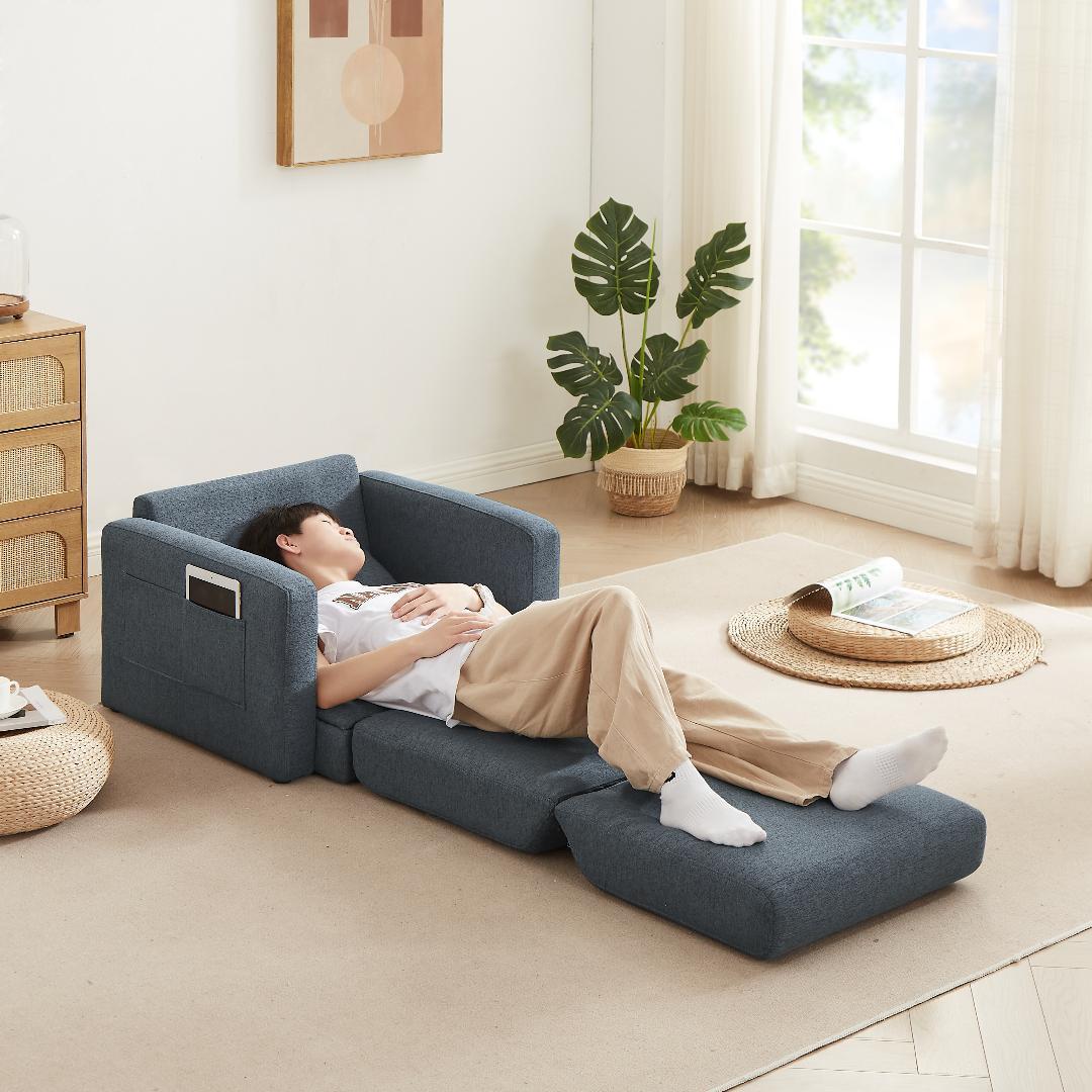 【ブルー】ソファーベッド 折りたたみベッド ローソファー シングルソファーベッド