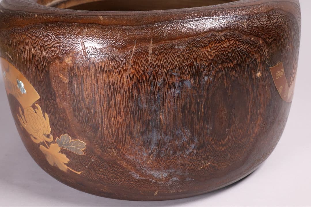 尺参 桐火鉢 金蒔絵 螺鈿細工 幅38.8cm 桐紋 菊 草花 扇面【MB31】