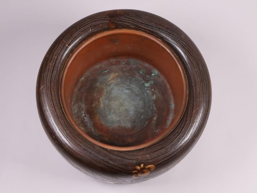 尺参 桐火鉢 金蒔絵 螺鈿細工 幅38.8cm 桐紋 菊 草花 扇面【MB31】