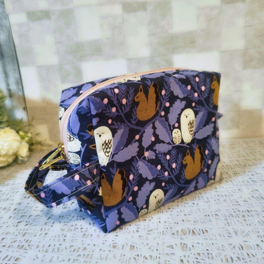 専用ページ✿2点森のふくろう リス柄ボックスポーチ　kippis生地使用　北欧