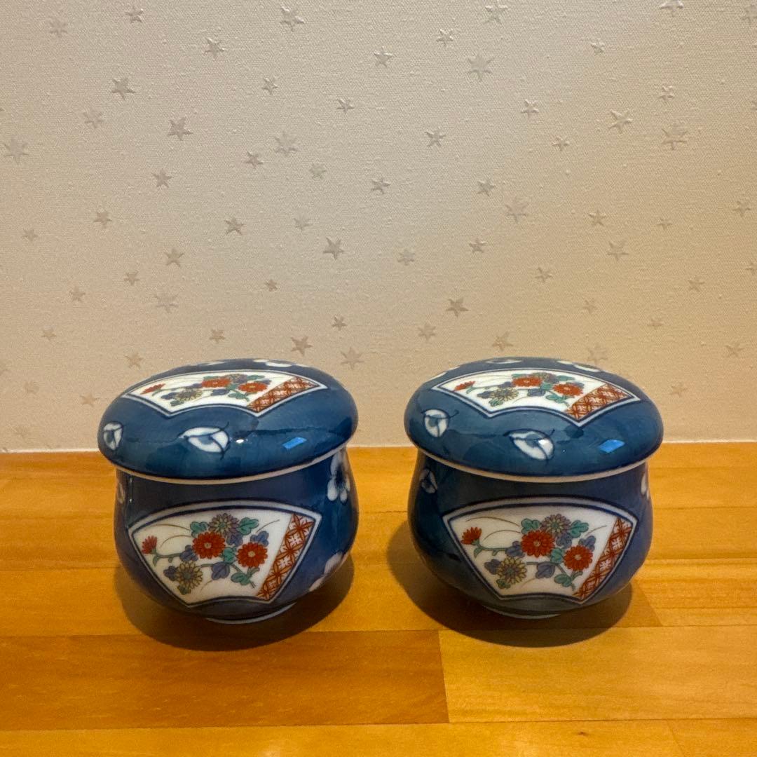 青色花柄陶器製蓋つき煮物椀2個セット - メルカリ