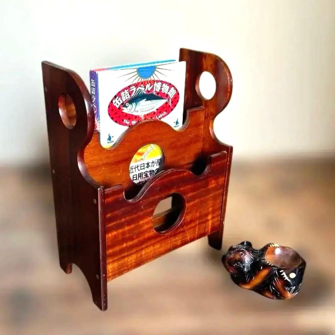 昭和マガジンラック／無垢材／3段／円抜きデザイン