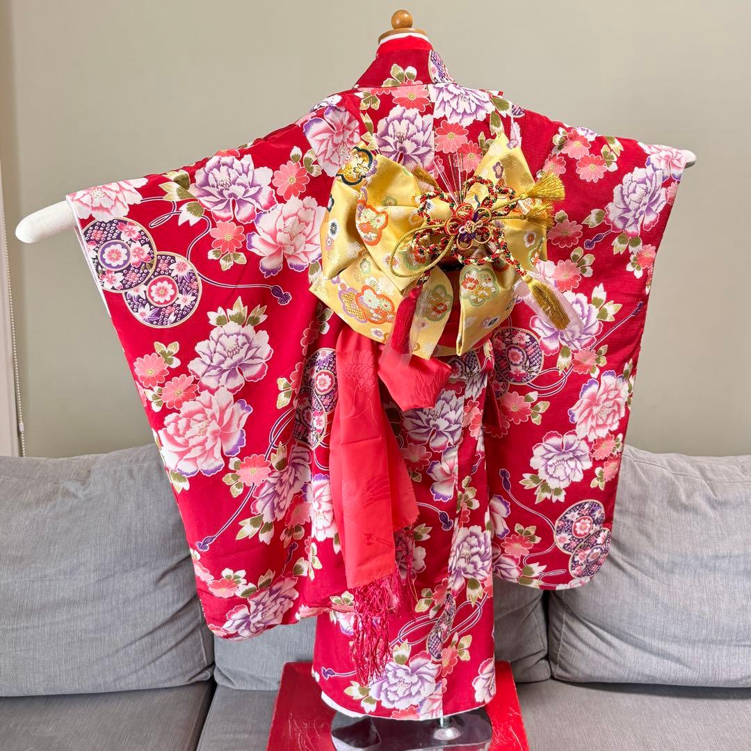 7歳七五三セット　着物草履付き　赤系① 帯未使用品