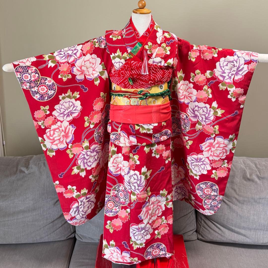 7歳七五三セット　着物草履付き　赤系① 帯未使用品