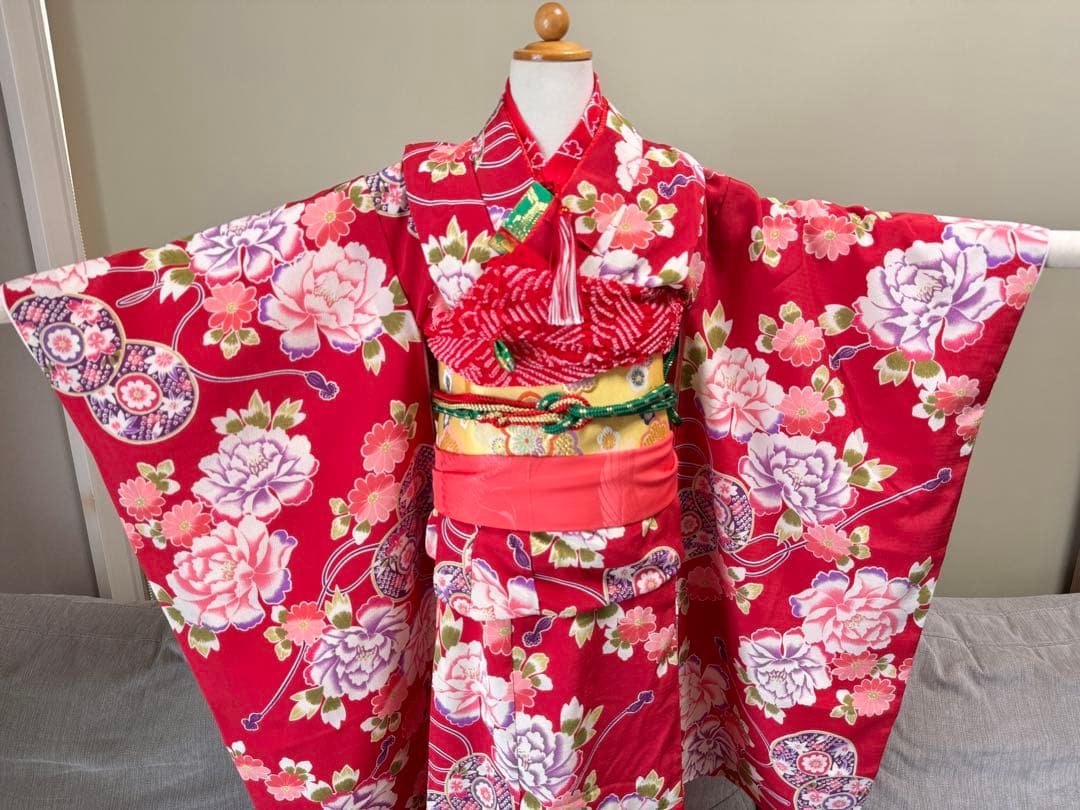 7歳七五三セット　着物草履付き　赤系① 帯未使用品
