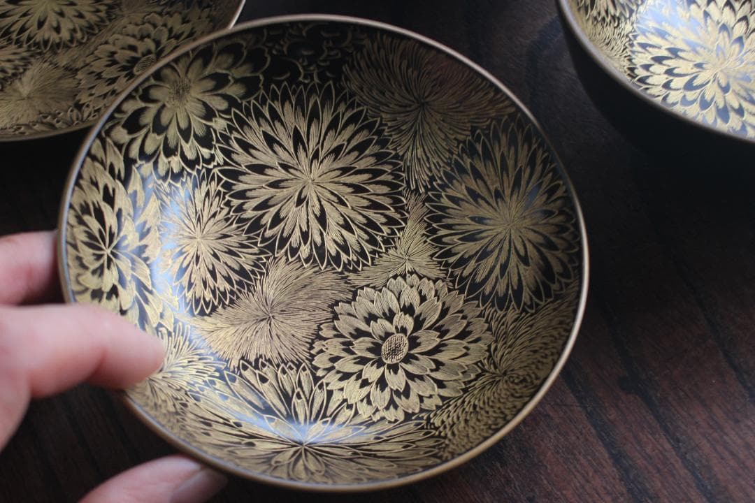 デッドストック！時代金縁黒漆に極上見返し菊詰沈金の映えるお椀2点