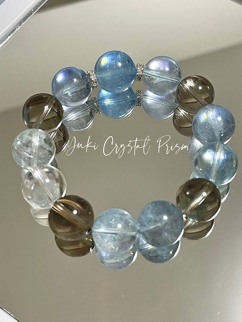 高品質アクアマリン×スモーキークォーツ×クリアクォーツ 天然石ブレスレット
