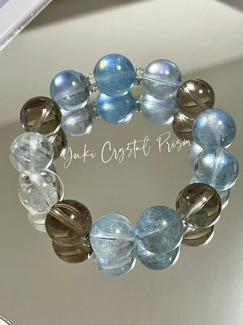 高品質アクアマリン×スモーキークォーツ×クリアクォーツ 天然石ブレスレット