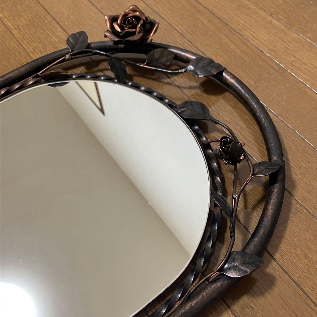 薔薇のアンティークミラー・フラワーデコレーションミラー・鏡・レトロアイアンミラー