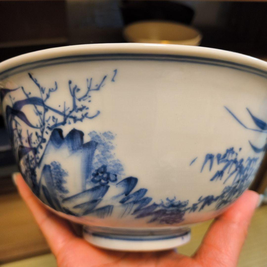 染付 山水図 大碗 青花 手描き 中国美術 アンティーク
