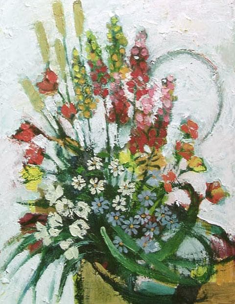 油絵 菅家令子 絵 絵画インテリア 額付(青緑＋金色の枠)uF6-111202