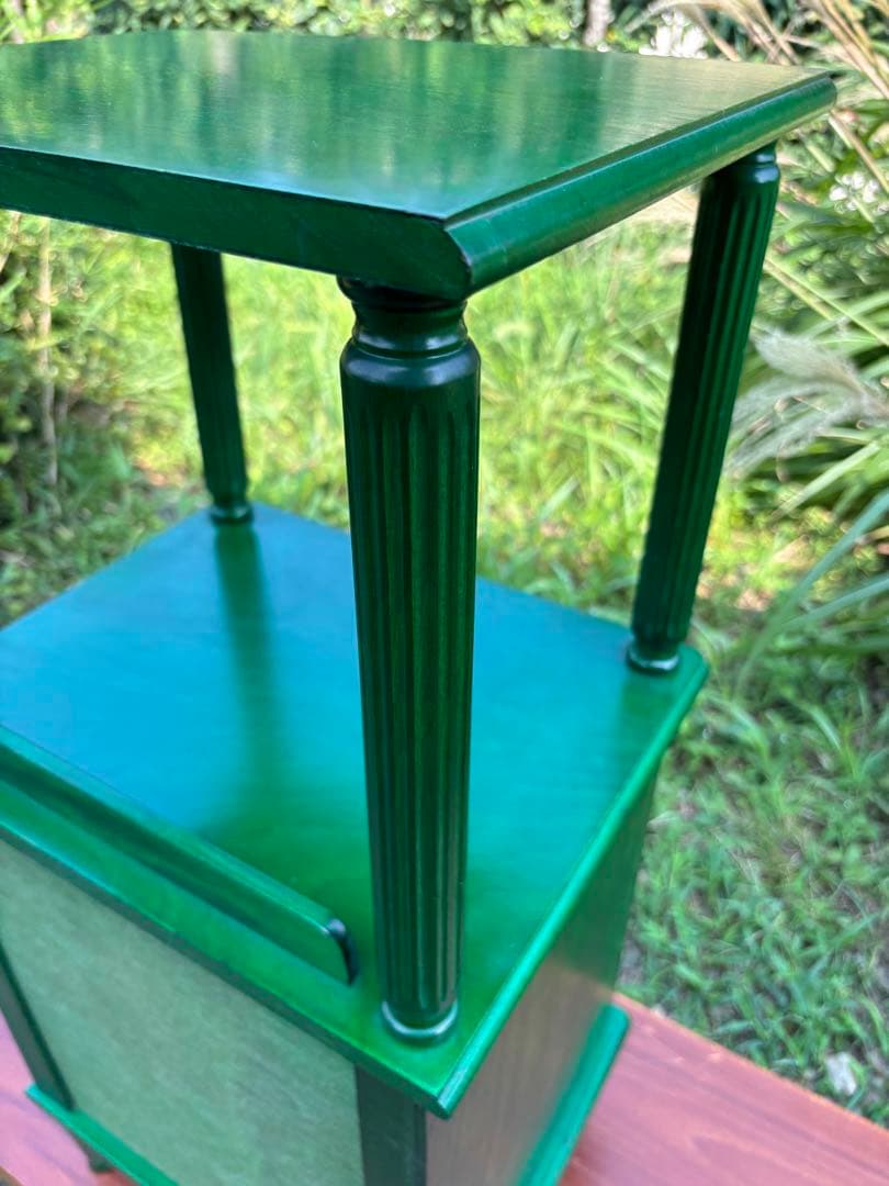 昭和レトロ　グリーンの木製電話台・ファックス台　飾り棚　花台