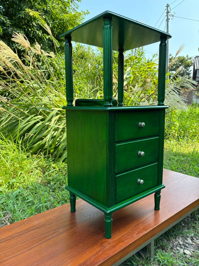 昭和レトロ　グリーンの木製電話台・ファックス台　飾り棚　花台