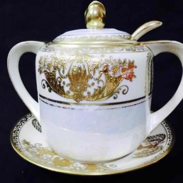 手塗りオールドノリタケ金盛り上げスープポット3点セット