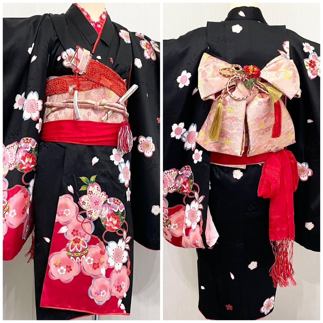 七五三 女の子 七歳用　正絹　綸子　古典柄　振袖　黒