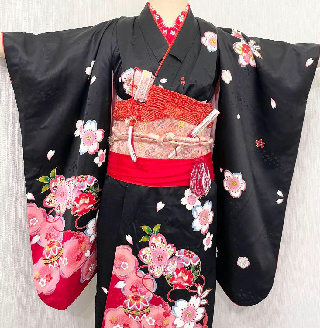 七五三 女の子 七歳用　正絹　綸子　古典柄　振袖　黒