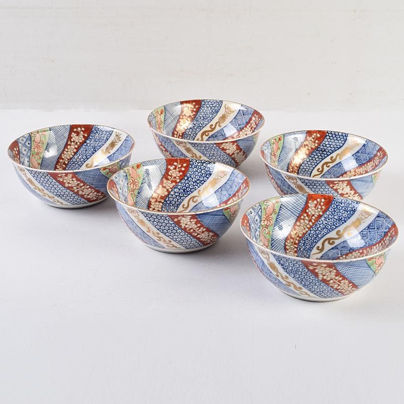 伊万里焼 五良太甫呉祥瑞造 色絵棯文 菓子鉢 五客 合わせ