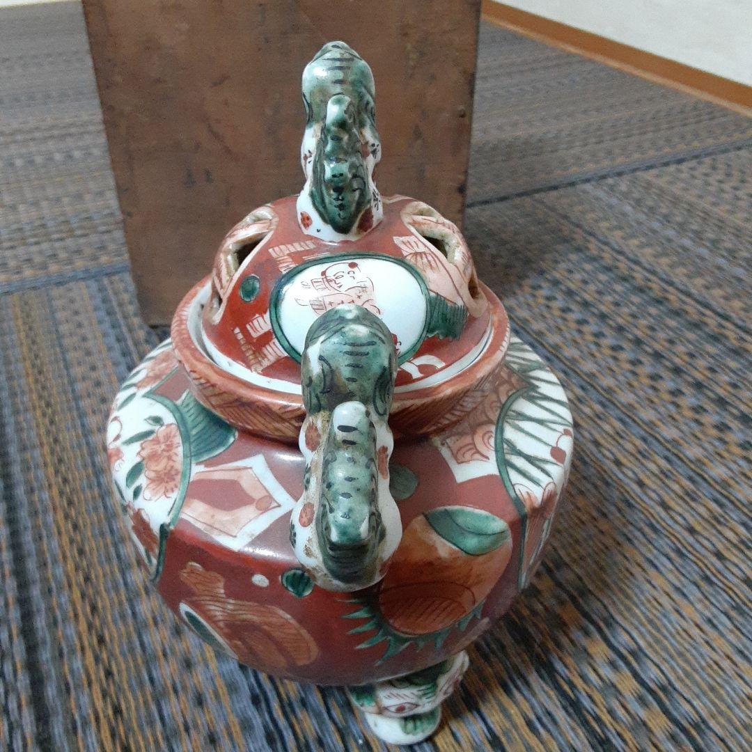古い伊万里赤絵九谷焼香炉/江戸唐子狛犬薩摩十字角福小槌三足耳付/瓔珞