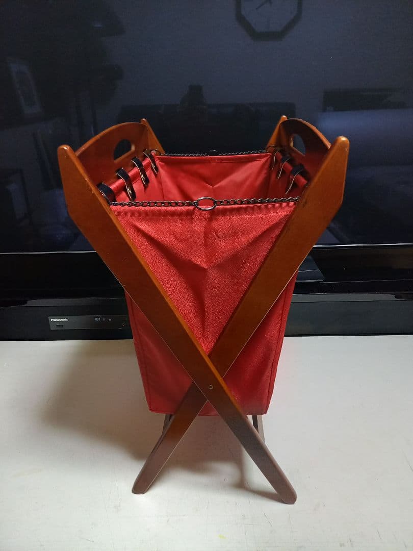 1970's　カリモク　ウッド　レッド　ファブリック　モダン　バスケット