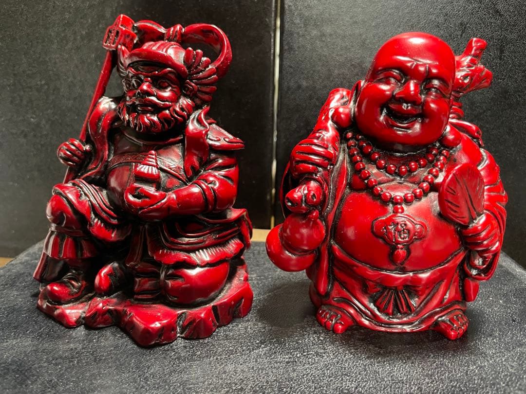 寿山石彫刻 関羽（関公）・布袋尊 一対 置物