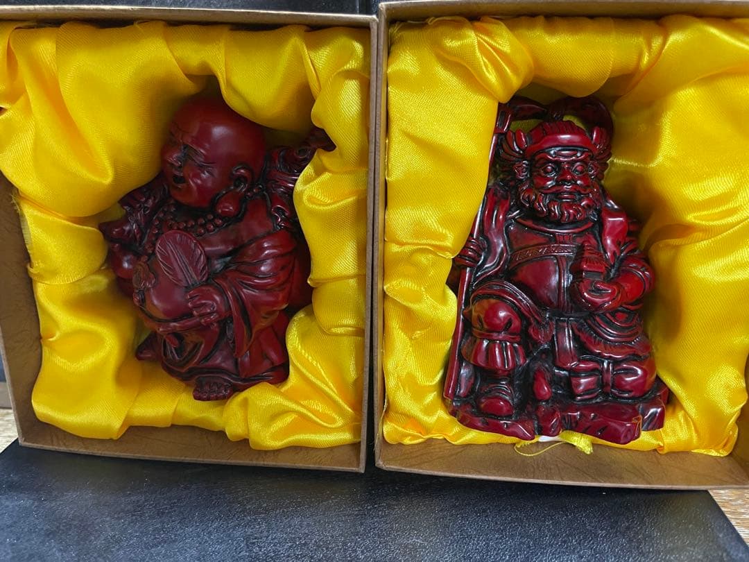 寿山石彫刻 関羽（関公）・布袋尊 一対 置物