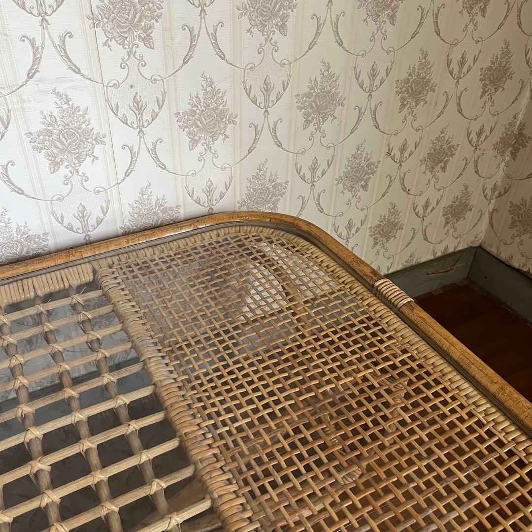 【アンティーク】籐 ラタン ガラスローテーブル センターテーブル 古民家 古家具