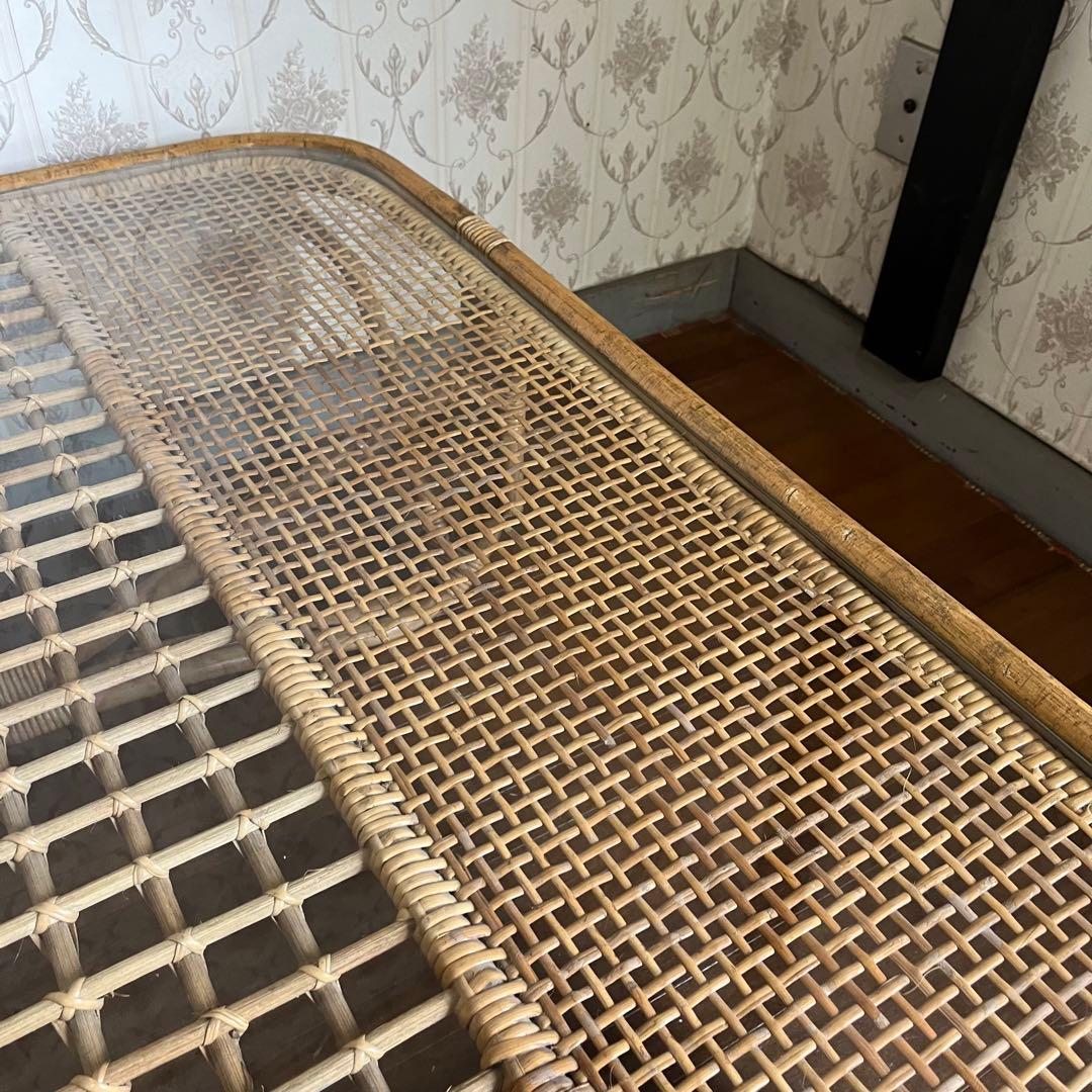 【アンティーク】籐 ラタン ガラスローテーブル センターテーブル 古民家 古家具