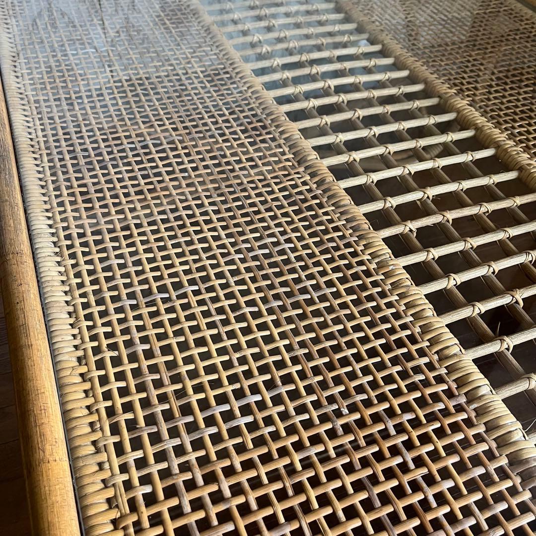 【アンティーク】籐 ラタン ガラスローテーブル センターテーブル 古民家 古家具