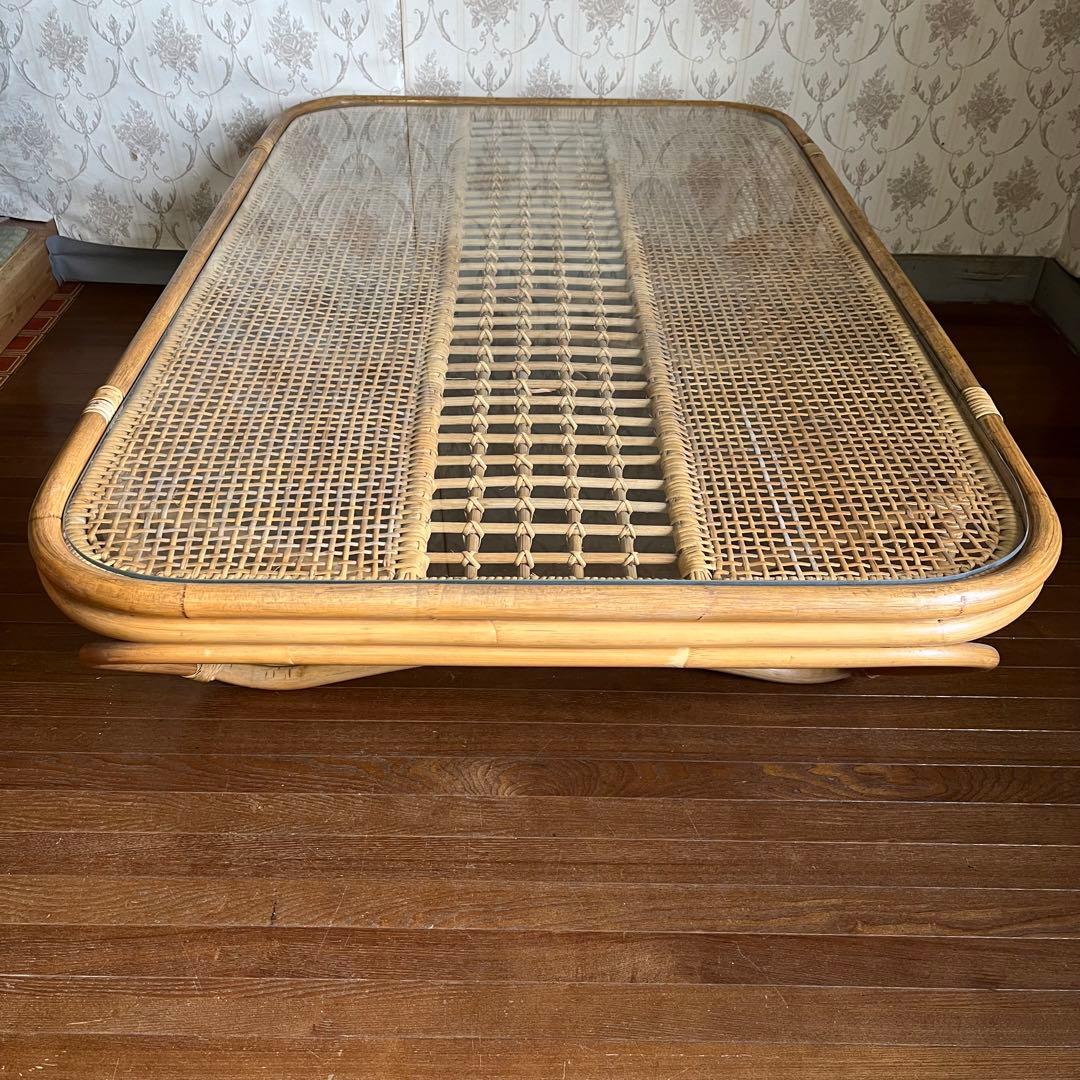 【アンティーク】籐 ラタン ガラスローテーブル センターテーブル 古民家 古家具