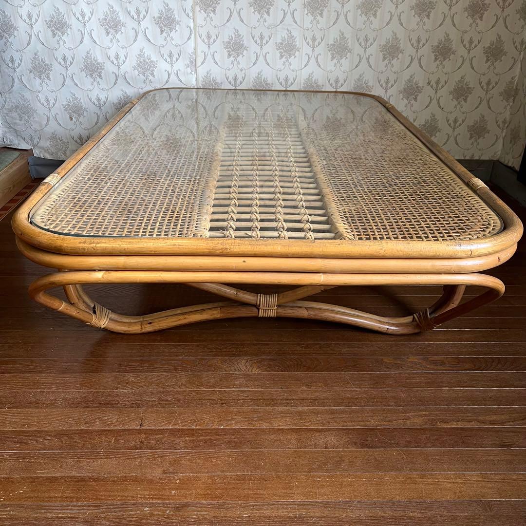 【アンティーク】籐 ラタン ガラスローテーブル センターテーブル 古民家 古家具