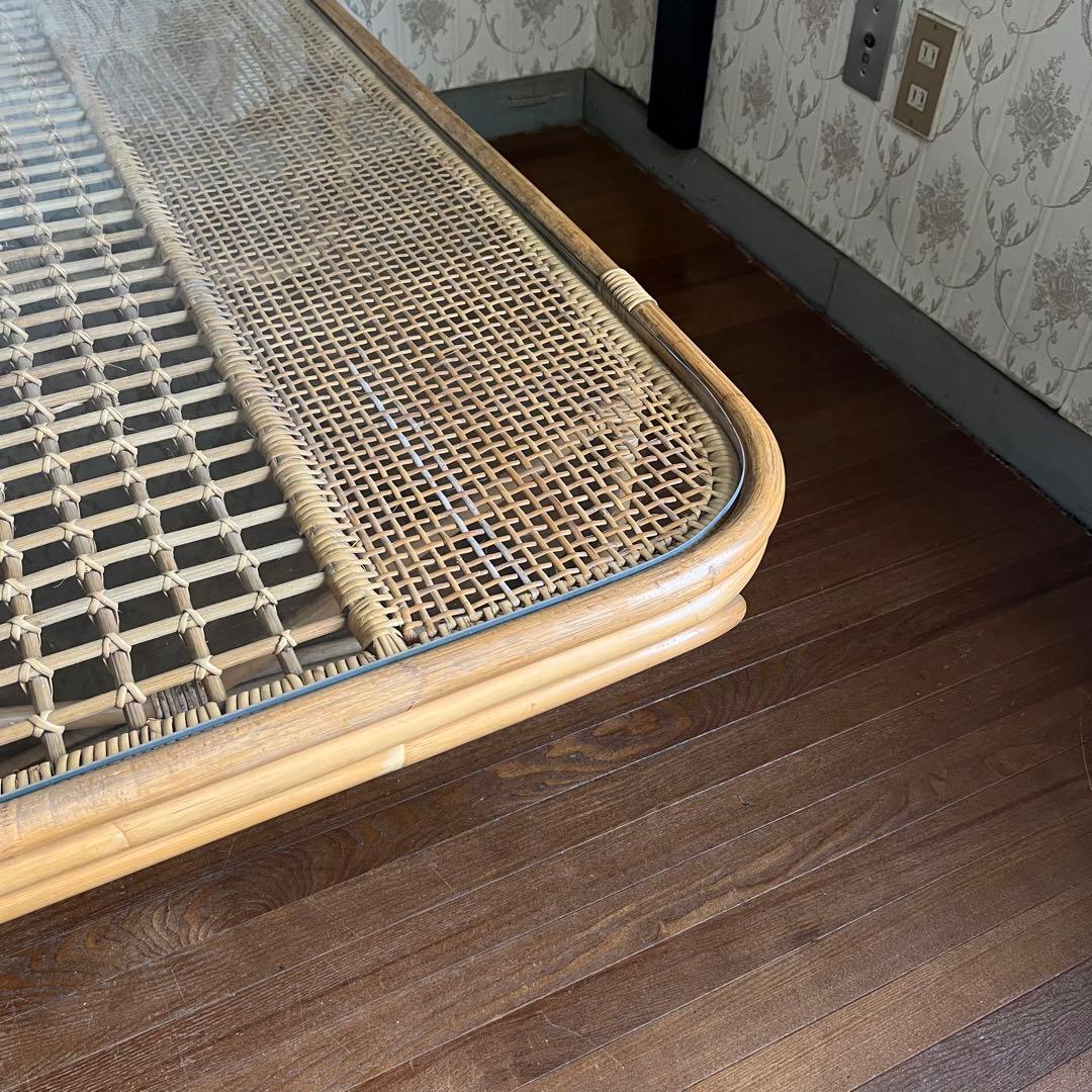 【アンティーク】籐 ラタン ガラスローテーブル センターテーブル 古民家 古家具