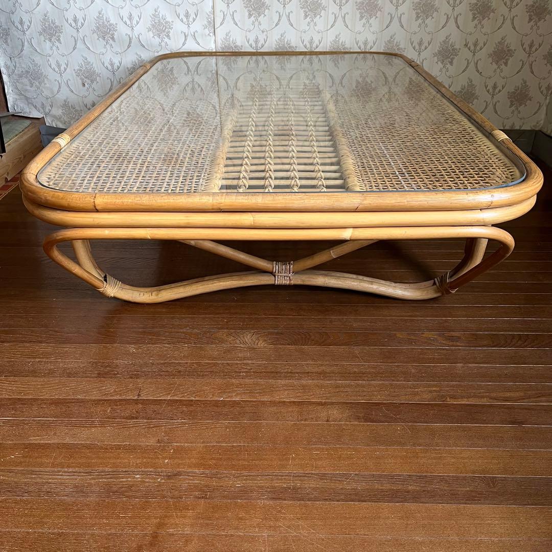【アンティーク】籐 ラタン ガラスローテーブル センターテーブル 古民家 古家具