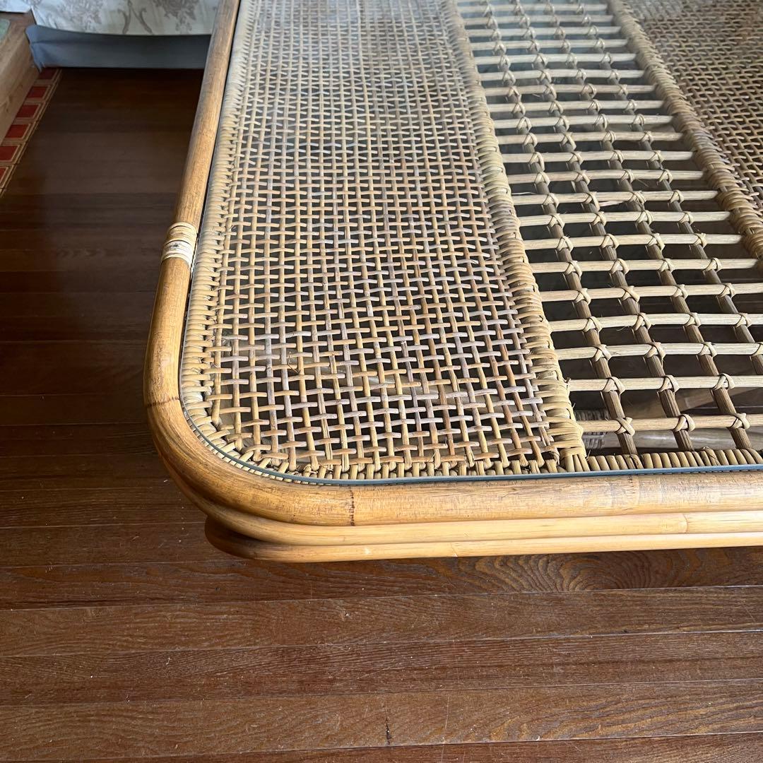 【アンティーク】籐 ラタン ガラスローテーブル センターテーブル 古民家 古家具