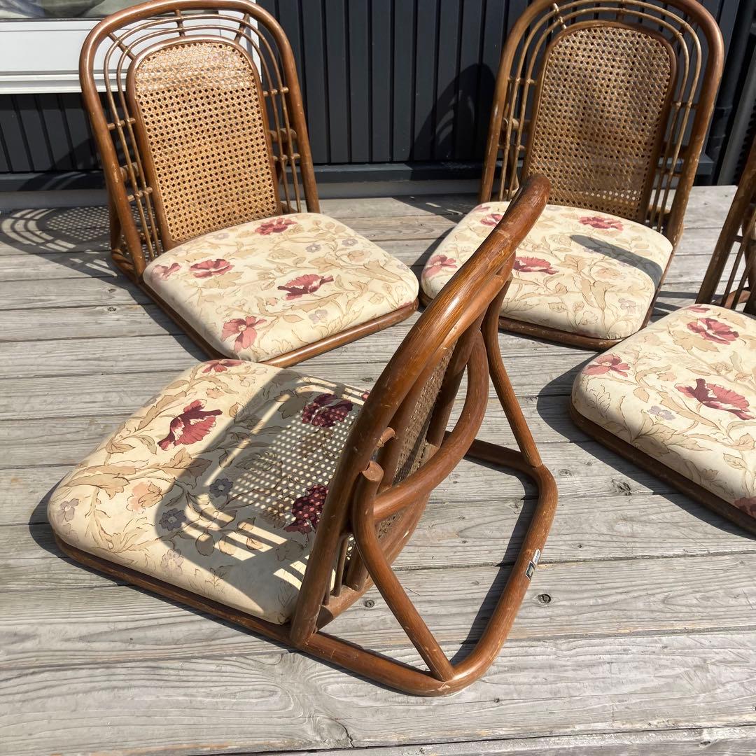 昭和レトロ コスガ家具 花柄ラタン座椅子 ラタンチェア 4脚セット 古
