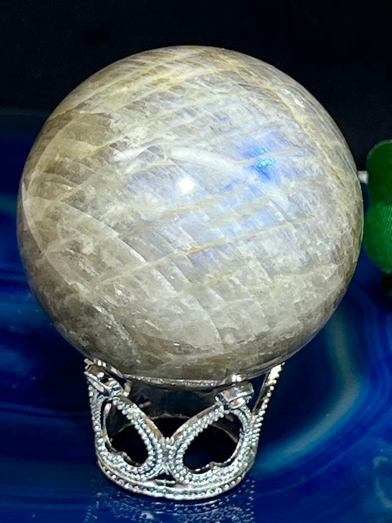 天然石 サンムーンストーン スフィア ブルーシラー台座付き⭐️2158