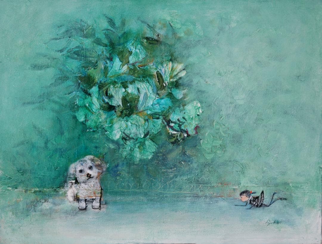 油絵 菅家令子 絵 絵画インテリア uF6-071719 子犬女の子蟻んこちゃん