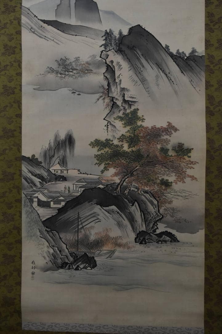 真作】橋本雅邦/山水人物図/秋景山水図/掛軸/名家伝来/AA-233