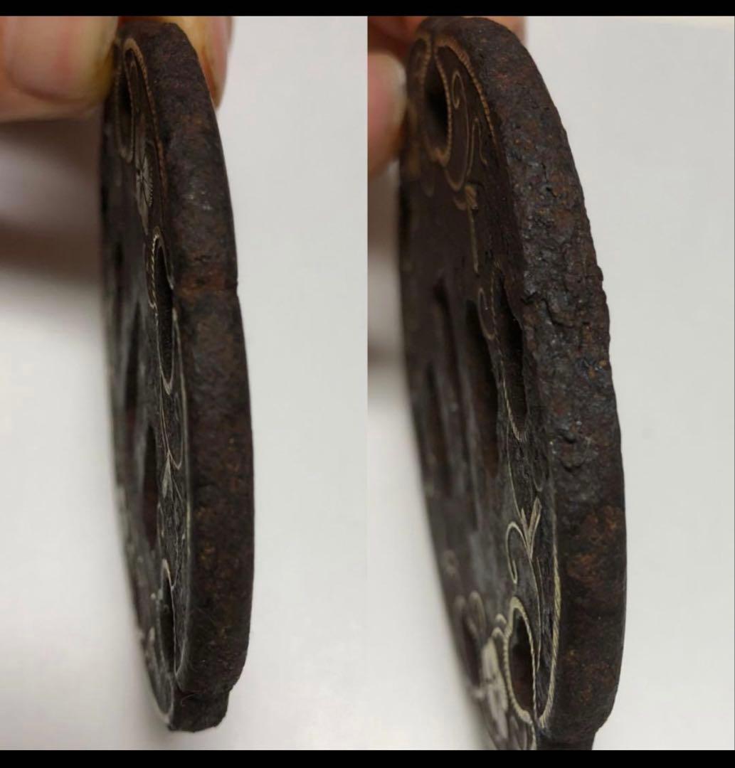 鍔 鉄地 金象嵌 鐔 花模样 直径約8cm 刀装具 古美術 時代物 X26A