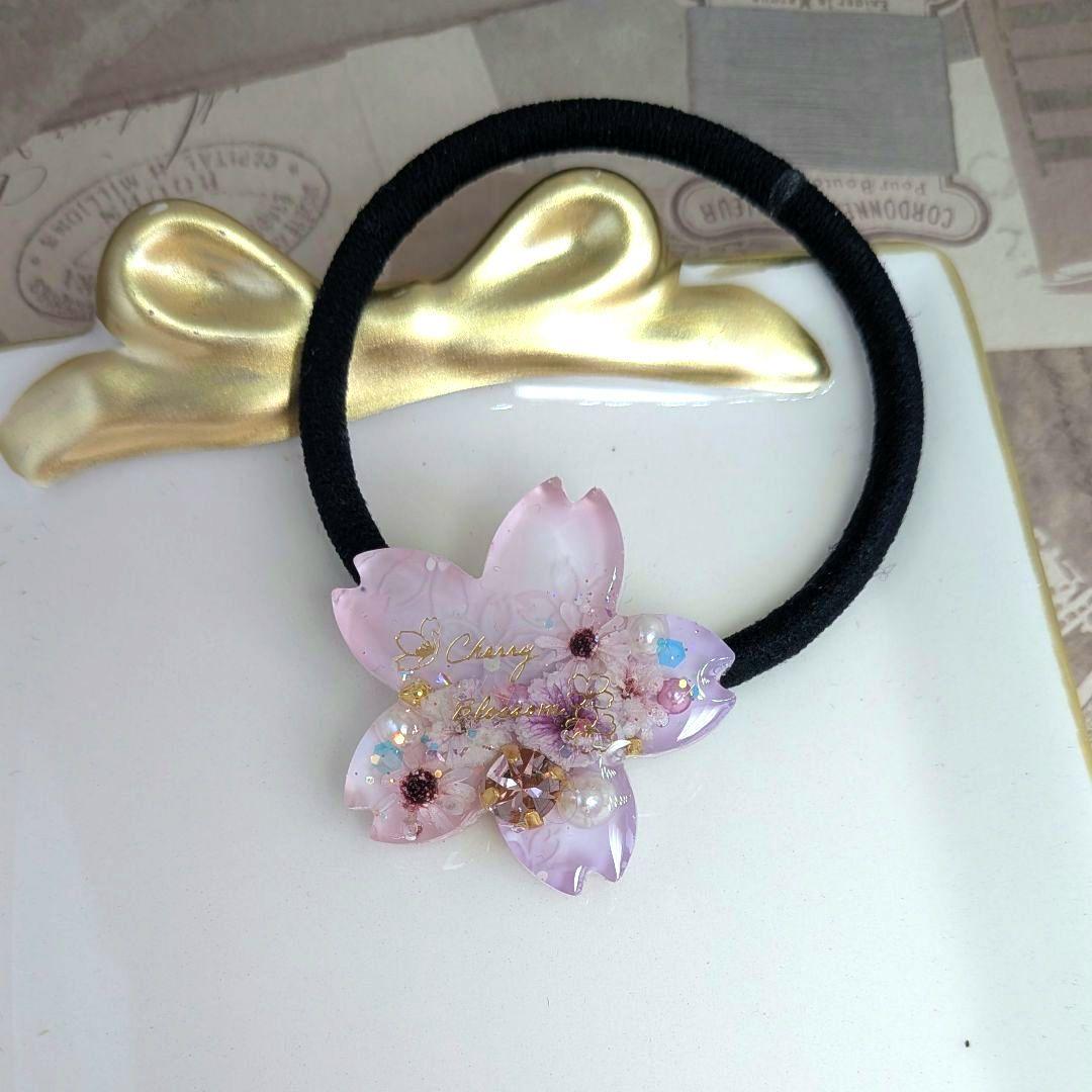 464 手描き✴桜❀✴ピンクパープル✴レジンヘアゴムキーホルダー
