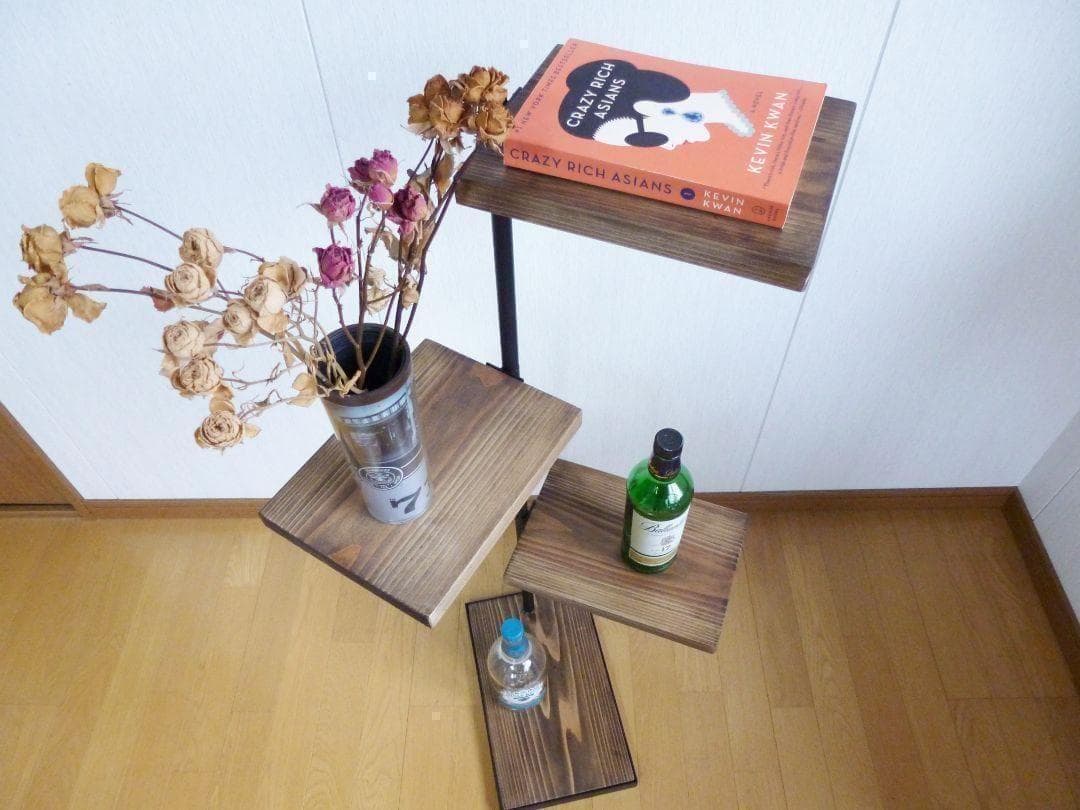 木製シェルフ　３６０度回転ラック　３段　アイアン家具　カフェ風　漢前　植物棚